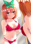  1girl :t ass_visible_through_thighs blue_eyes blush bra breasts cleavage closed_mouth collarbone commentary_request full-length_mirror go-toubun_no_hanayome green_ribbon hair_between_eyes hair_ribbon highres large_breasts mirror nakano_yotsuba navel orange_hair panties pout red_bra red_panties reflection ribbon solo twitter_username underwear underwear_only usubeni0 