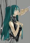  android cable green_hair grey_nails hands hanging hatsune_miku long_hair looking_up nail_polish necktie onigunsou open_mouth robot_joints solo tears twintails vocaloid 