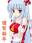  bangs breasts cosplay fujiwara_no_mokou hakurei_reimu hakurei_reimu_(cosplay) large_breasts lowres multi-tied_hair noveske_n4 oekaki sideboob solo touhou 