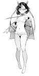  1girl absurdres bikini blush breasts full_body glaring goddess_of_victory:_nikke hair_between_eyes highres jacket leash looking_at_viewer medium_hair micro_bikini mole mole_under_eye monochrome navel off_shoulder pan8 small_breasts solo stomach swimsuit syuen_(nikke) 