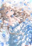  1girl bare_arms bare_shoulders blonde_hair blue_eyes blue_flower blurry blurry_background breasts commentary_request depth_of_field dress floating_hair flower hair_between_eyes hands_on_own_face hands_up indie_virtual_youtuber layered_dress long_hair looking_at_viewer nemophila_(flower) parted_lips petals pleated_dress signature sleeveless sleeveless_dress small_breasts solo uchuuneko uchuuneko_(vtuber) very_long_hair virtual_youtuber white_dress 