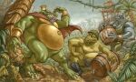 anthro armor barrel belly biceps big_belly big_muscles cape claws clothing cookie_game0 crocodilian donkey_kong_(series) explosives fangs gold_(metal) green_body green_scales group headgear helmet hi_res jewelry king_k._rool klump kremling krusha male military muscular navel nintendo overweight palm_tree pecs plant reptile scales scalie sharp_teeth teeth tnt tnt_barrel tree