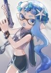  1girl :o black_shorts blue_eyes blue_hair commentary cropped_sweater dolphin_shorts fang grey_background grey_sweater grey_trim gun head_wreath highres holding holding_gun holding_weapon inkling inkling_girl inkling_player_character jewelry long_hair maroooooow n-zap_(splatoon) necklace open_mouth pointy_ears shorts sleeveless sleeveless_sweater solo splatoon_(series) splatoon_3 standing sweater tentacle_hair thick_eyebrows very_long_hair watch weapon wristwatch 