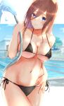  1girl absurdres bare_arms bare_shoulders bikini black_bikini breasts brown_hair closed_mouth cowboy_shot day go-toubun_no_hanayome grabbing hair_between_eyes halterneck highres holding large_breasts long_hair looking_at_viewer midriff miwataku nakano_miku navel outdoors side-tie_bikini_bottom solo standing string_bikini swimsuit thighs wet 