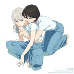  2girls barefoot behind_another black_eyes black_hair blue_pants closed_mouth denim double-parted_bangs from_above full_body furrowed_brow grey_eyes half-closed_eyes hand_on_own_arm hand_rest highres hug hug_from_behind indian_style jeans k_(kamo_kamen) kamo_kamen kneeling leaning_forward leaning_on_person long_hair looking_at_another lower_teeth_only m_(kamo_kamen) midriff_peek multiple_girls open_mouth original pants shadow shirt short_hair short_sleeves simple_background sitting t-shirt teeth three_quarter_view white_background white_shirt yuri 
