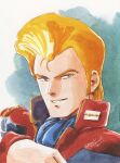  1980s_(style) 1985 1boy blonde_hair dated grin gundam highres jerid_messa kitazume_hiroyuki looking_at_viewer military military_uniform official_art pompadour portrait promotional_art retro_artstyle scan science_fiction signature smile titans_(gundam) traditional_media uniform upper_body zeta_gundam 