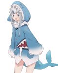  1girl :d blue_eyes blue_hair blue_jacket fins fish_tail gawr_gura gawr_gura_(1st_costume) grey_hair highres hololive hololive_english hood jacket long_sleeves looking_at_viewer multicolored_hair open_mouth shark_girl shark_tail sharp_teeth simple_background smile solo standing tail teeth virtual_youtuber white_background xuan_(pixiv31113827) 