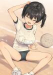  1girl :d ^_^ ball black_buruma black_hair blush breasts buruma closed_eyes collarbone commentary_request dated fang gaki_kyonyuu gym_shirt gym_uniform highres kaedeko_(kaedelic) large_breasts legs open_mouth oppai_loli sand sasaki_kanna_(kaedeko) shirt shoes short_sleeves signature sitting smile sneakers solo teeth twintails volleyball_(object) white_footwear 