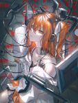  1girl a.i._voice adachi_rei android asano_(kazusasn) cable closed_mouth commentary grey_eyes hair_between_eyes hair_ribbon headlamp headset heterochromia highres jacket key machinery mechanical_parts medium_hair monitor one_side_up open_clothes open_jacket orange_eyes orange_hair radio_antenna ribbon single_bare_shoulder single_off_shoulder sitting solo spaghetti_strap upper_body user_interface utau white_jacket white_ribbon 