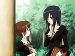  against_wall black_hair book brown_hair day from_side height_difference holding holding_book long_sleeves multiple_girls outdoors profile school_uniform screencap short_hair strawberry_panic! upper_body 