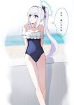  1girl bare_arms bare_legs bare_shoulders black_one-piece_swimsuit blue_archive blue_halo blush breasts casual_one-piece_swimsuit cleavage collarbone covered_navel feet_out_of_frame frilled_one-piece_swimsuit frills grey_eyes grey_hair halo highres long_hair mezurashiiaji miyako_(blue_archive) miyako_(swimsuit)_(blue_archive) official_alternate_costume official_alternate_hairstyle one-piece_swimsuit parted_lips ponytail small_breasts solo speech_bubble swimsuit translation_request 