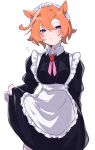  1girl alternate_costume amano_(amano_miko) animal_ears apron black_skirt closed_mouth clothes_lift commentary_request enmaided hair_between_eyes highres horse_ears horse_girl lifted_by_self looking_at_viewer maid maid_apron maid_headdress orange_hair pink_ribbon purple_eyes ribbon simple_background skirt skirt_lift solo t.m._opera_o_(umamusume) umamusume white_background 