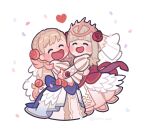  2girls blonde_hair blush bridal_veil bride closed_eyes commentary_request dress fire_emblem fire_emblem_heroes flower full_body grey_hair hair_flower hair_ornament heart highres hug long_hair multiple_girls mushi_rags official_alternate_costume open_mouth sharena_(bride)_(fire_emblem) sharena_(fire_emblem) short_hair_with_long_locks twitter_username veil veronica_(bride)_(fire_emblem) veronica_(fire_emblem) white_background white_dress 