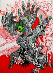  abstract absurdres ballpoint_pen_(medium) chimera disembodied_hand eyeball fingerprint hand_focus hand_up highres original pile_of_skulls red_background skull tenteyu traditional_media 