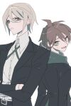  2boys ahoge back-to-back black_jacket black_pants blonde_hair brown_hair closed_mouth collared_shirt crossed_arms danganronpa:_trigger_happy_havoc danganronpa_(series) dress_shirt frown glasses green_jacket grey_background grey_shirt hood hood_down jacket male_focus multiple_boys naegi_makoto open_mouth pants roneco shirt short_hair simple_background togami_byakuya upper_body 