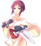  brown_eyes copyright_request dagger facial_mark fingerless_gloves gloves hajimenimodoru japanese_clothes kimono knife mouth_hold ninja obi purple_hair reverse_grip sash scar short_hair short_kimono simple_background solo weapon wire 