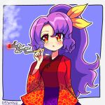  1girl high_ponytail highres holding holding_smoking_pipe japanese_clothes kimono komakusa_sannyo print_kimono print_skirt purple_hair purple_skirt pyochiiii red_eyes red_kimono skirt smoking_pipe solo touhou twitter_username upper_body wide_sleeves 