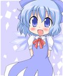  arms_behind_back blue_dress blue_eyes blue_hair blush bow cirno dress fang geetsu hair_bow large_bow oekaki open_mouth short_hair smile solo touhou 