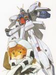  1980s_(style) 1990s_(style) 1boy amuro_ray char&#039;s_counterattack gloves gundam highres kitazume_hiroyuki looking_to_the_side mecha mobile_suit pilot_chair pilot_suit production_art promotional_art re-gz retro_artstyle robot scan science_fiction signature spacesuit traditional_media 