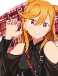  1girl black_dress black_nails black_ribbon claw_pose clothing_cutout commentary_request cone_hair_bun distortion_(love_live!) dress hair_between_eyes hair_bun long_sleeves looking_at_viewer love_live! love_live!_superstar!! medium_hair neck_ribbon orange_hair plaid plaid_background purple_eyes red_background ribbon shibuya_kanon shoulder_cutout smile solo upper_body yuki_(sangeki5806) zipper_pull_tab 