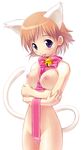  :p animal_ears bell between_breasts breasts cat_ears cat_tail highres huge_breasts jpeg_artifacts naked_ribbon nude purple_eyes ribbon short_hair solo source_request tail tongue tongue_out 