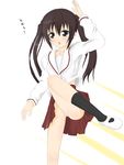  arm_up blue_eyes blush brown_hair chestnut_mouth kicking kuroinu_(sonoba_shinogi) leg_up long_hair minami-ke minami_kana open_mouth panties school_uniform skirt solo translated twintails underwear 