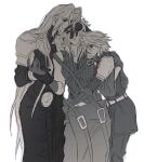  3girls aged_down arm_armor armor belt blue_eyes breasts cloud_strife expressionless final_fantasy final_fantasy_vii final_fantasy_vii_advent_children final_fantasy_vii_ever_crisis final_fantasy_vii_remake genderswap genderswap_(mtf) gloves greyscale hand_on_another&#039;s_back hand_on_another&#039;s_head head_on_head head_rest hetero high_collar holding_another&#039;s_wrist hug light_smile long_coat long_hair long_sleeves looking_at_another looking_down love_triangle monochrome moyanwxy multiple_belts multiple_girls parted_lips pauldrons sephiroth shoulder_armor shoulder_strap simple_background sketch spiked_hair spot_color standing time_paradox upper_body very_long_hair vest waist_cape white_background yuri 