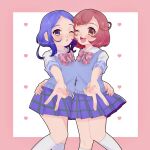  2girls ;d ayase_naru blue_eyes blue_hair blue_skirt blue_sweater_vest border bow brown_eyes cheek-to-cheek collared_shirt cowboy_shot gyaru_v heads_together heart highres looking_at_viewer mea_(meari_mr) miniskirt multiple_girls one_eye_closed open_mouth pink_border pink_bow pink_hair plaid plaid_skirt pleated_skirt pretty_rhythm pretty_rhythm_rainbow_live pretty_series rinne_(pretty_rhythm) school_uniform shirt short_hair skirt smile standing sweater_vest v white_shirt 