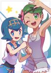  2girls ;d artist_name blue_eyes blue_hair bright_pupils collarbone dark-skinned_female dark_skin fishing_rod flower green_eyes green_hair green_headband grey_overalls hairband headband highres holding holding_fishing_rod lana_(pokemon) long_hair mallow_(pokemon) multiple_girls omochi_(omotimotittona3) one_eye_closed open_mouth overalls pink_flower pokemon pokemon_sm round_teeth shirt short_hair sleeveless sleeveless_shirt smile star_(symbol) teeth twintails upper_teeth_only white_pupils white_shirt yellow_hairband 