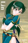  breasts character_name copyright_name covered_nipples fire_emblem fire_emblem:_rekka_no_ken gloves green_eyes green_hair hissaa_(starlight_express) jewelry katana large_breasts long_hair lyndis_(fire_emblem) ponytail side_slit solo sword weapon 