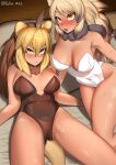  2girls :/ ahoge animal_ears ass_visible_through_thighs barbary_lion_(kemono_friends) blonde_hair blush breasts breasts_apart brown_hair brown_leotard cape_lion_(kemono_friends) cleavage closed_mouth colored_tips covered_navel disembodied_hand fang fur_collar fur_scarf hair_between_eyes highres kashisu_mint kemono_friends large_breasts leaning_to_the_side legs_apart leotard light_brown_hair lion_ears lion_girl lion_tail long_hair looking_back lying multicolored_hair multiple_girls nose_blush on_back open_mouth paid_reward_available parted_bangs pillow scar scar_on_arm scar_on_cheek scar_on_face scar_on_leg scarf sitting strapless strapless_leotard tail tan tsurime twitter_username two-tone_hair white_leotard wide-eyed yellow_eyes 