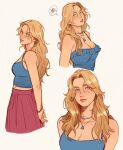  1girl blonde_hair blue_camisole blue_eyes blue_shirt blush bracelet breasts camisole cleavage haley_(stardew_valley) highres jewelry lesly_oh long_hair looking_at_viewer multiple_views shirt skirt stardew_valley 