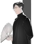  1boy asymmetrical_bangs axis_powers_hetalia black_hair changpao chinese_clothes chinese_commentary folding_fan glasses hand_fan highres holding holding_fan long_sleeves looking_at_viewer macau_(hetalia) paper_fan parted_lips short_hair simple_background sketch smile solo upper_body yellow_eyes zhongerweiyuan 