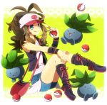  1girl baseball_cap black_footwear black_jacket black_socks boots border brown_hair collarbone cross-laced_footwear eyelashes full_body hat hilda_(pokemon) holding holding_poke_ball jacket lace-up_boots licking_lips looking_at_viewer oddish open_mouth poke_ball poke_ball_(basic) pokemon pokemon_(creature) pokemon_bw ponytail red_bag shirt shooting428star smile socks tongue tongue_out white_border white_hat white_shirt 