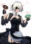  1girl 2b_(nier:automata) alternate_costume apron black_blindfold black_gloves blindfold breasts commentary doughnut enmaided food frilled_apron frills garter_straps gloves heart heart_background highres loving_aura maid maid_apron maid_day maid_headdress mitsuki_nite mole mole_under_mouth nier:automata nier_(series) parted_lips pink_lips short_hair solo sparkle standing white_apron white_background white_hair 