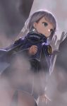  1girl black_coat blue_capelet capelet coat commentary_request cowboy_shot earrings ender_magnolia_bloom_in_the_mist green_eyes grey_hair highres jewelry lilac_(ender_magnolia) looking_to_the_side mayagi_(mayagi61) serious short_hair single_earring smoke solo 