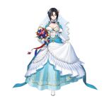  1girl black_hair blue_dress bouquet breasts bridal_veil bride cleavage dress fire_emblem fire_emblem_engage fire_emblem_heroes freestyle18 full_body hair_between_eyes hair_ornament jewelry long_sleeves looking_at_viewer nel_(fire_emblem) nel_(stoic_bride)_(fire_emblem) official_alternate_costume red_eyes short_hair strapless strapless_dress two-tone_dress veil wedding_dress white_dress 