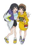  2girls :d :t absurdres alternate_costume arm_around_back black_eyes black_hair black_shorts breasts brown_eyes brown_hair clothes_writing coat cross-laced_footwear flower food food_on_face full_body grey_shirt hair_flower hair_ornament hand_in_pocket head_wreath highres holding holding_food holding_spoon hood hood_down hoodie long_hair looking_at_viewer multiple_girls open_mouth pink_flower purple_coat purple_footwear saten_ruiko shirt shoes short_hair shorts simple_background smile sneakers spoon standing teruya_(6w6y) toaru_kagaku_no_railgun toaru_majutsu_no_index uiharu_kazari v white_background white_flower yellow_footwear yellow_hoodie 