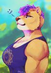 2024 amber_eyes anthro biceps blurred_background breasts brown_nose cat_smile cleavage clothed clothing colored_sketch countershade_torso countershading digital_media_(artwork) eye_markings eyelashes felid female fur hair highlights_(coloring) lion looking_at_viewer mammal markings muscular muscular_female noviraine pantherine portrait purple_clothing purple_hair purple_shirt purple_tank_top purple_topwear shirt short_hair side_view signature sketch smile solo tan_body tan_fur tank_top topwear zoe_(noviraine)