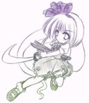  bobby_socks chibi dress eyebrows eyebrows_visible_through_hair flower full_body ghost hairband hitodama katana konpaku_youmu konpaku_youmu_(ghost) looking_at_viewer mary_janes monochrome shoes short_hair simple_background socks solo sword touhou unsheathed weapon white_background yamu_(reverse_noise) 