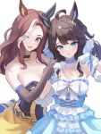  2girls ahoge alternate_costume animal_ears armpits black_hair blush breasts brown_hair cleavage closed_mouth collarbone commentary_request daring_heart_(umamusume) daring_tact_(umamusume) detached_sleeves gloves highres horse_girl kashmir_0808 looking_at_viewer mole mole_on_breast multiple_girls open_mouth simple_background umamusume white_background 