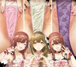  3girls ;d absurdres ahoge alstroemeria_(idolmaster) anal_hair armpits black_choker blush breasts brown_hair censored choker cleavage close-up collarbone covered_pussy crotch_focus debi_tarou female_pubic_hair fingernails hero_neisan highres huge_ahoge idol_clothes idolmaster idolmaster_shiny_colors kuwayama_chiyuki long_braid looking_at_viewer mosaic_censoring multiple_girls nail_polish one_eye_closed osaki_amana osaki_tenka panties pink_panties pubic_hair purple_panties pussy smile spread_pussy steaming_body underwear w white_panties 