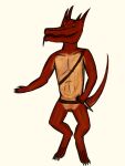  anthro belt dagger digitigrade dungeons_and_dragons hasbro horn kobold male melee_weapon nude orange_eyes qopdop red_body scar snout solo tail tongue tongue_out weapon wizards_of_the_coast 