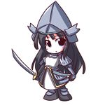  armor armored_dress chibi fictional_sister full_body helmet holding holding_sword holding_weapon looking_at_viewer rance_(series) sengoku_rance solo standing sword uesugi_kenshin_(rance) weapon 