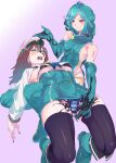  2girls absurdres ahoge akoya_matama anemo_nemo blue_hair bra breasts brown_hair commentary_request covered_navel dotted_background doushi_tatsu_to_dekkai_no elbow_gloves gloves green_eyes grin hat highres hood hoodie leberblume loco_musica long_hair mahou_shoujo_ni_akogarete medium_breasts multiple_girls nail_polish open_mouth panties purple_background purple_eyes ribs short_hair simple_background slime_(substance) smile striped_clothes striped_panties teeth thighhighs tongue tongue_out underwear upper_teeth_only yuri 
