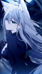  1girl absurdres animal_ear_fluff animal_ears black_dress blue_archive blue_eyes breasts dark_halo dress extra_ears grey_hair hair_between_eyes halo highres kuro_namako large_breasts long_hair long_sleeves open_mouth shiroko_(blue_archive) shiroko_terror_(blue_archive) solo upper_body wolf_ears 