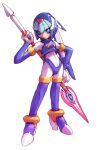  1girl absurdres android archived_source armor blue_armor blue_eyes blue_hair blue_helmet boots breasts closed_mouth crop_top fairy_leviathan_(mega_man) full_body gloves helmet high_heels highres holding holding_weapon mega_man_(series) mega_man_zero_(series) mega_man_zero_1 nakayama_tooru official_art polearm simple_background smile solo spear staff standing transparent_background weapon weapon_behind_back 