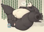  anthro anus areola balls bear belly big_belly bodily_fluids dialogue digital_media_(artwork) dreamworks english_text erection fur genital_fluids genitals giant_panda hi_res humanoid_genitalia humanoid_penis khronozs kung_fu_panda leaking_precum lube lube_bottle lube_in_ass lying male mammal master_po_ping morbidly_obese nipples nude obese obese_anthro obese_male on_back overweight overweight_anthro overweight_male pawpads penis precum simple_background smile solo speech_bubble spread_legs spreading text 