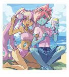  1boy 1girl aizawa_sachi beach bikini blue_skin blue_sky captain_spaceboy closed_mouth cloud collarbone colored_skin cup dark-skinned_female dark_skin dated day holding holding_cup hole_in_stomach hole_on_body long_hair looking_at_viewer ocean omori open_mouth outdoors pink_bikini pink_eyes pink_hair polka_dot polka_dot_bikini short_hair sky smile sweetheart_(omori) swimsuit teacup teeth twintails upper_teeth_only water 