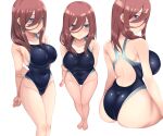  1girl absurdres arms_behind_back ass back_cutout blue_eyes blush breasts brown_hair closed_mouth clothing_cutout commentary_request competition_swimsuit covered_navel frown go-toubun_no_hanayome hair_between_eyes highleg highleg_swimsuit highres large_breasts long_hair long_hair_between_eyes looking_at_viewer monipai multiple_views nakano_miku one-piece_swimsuit sideboob swimsuit thigh_gap white_background 